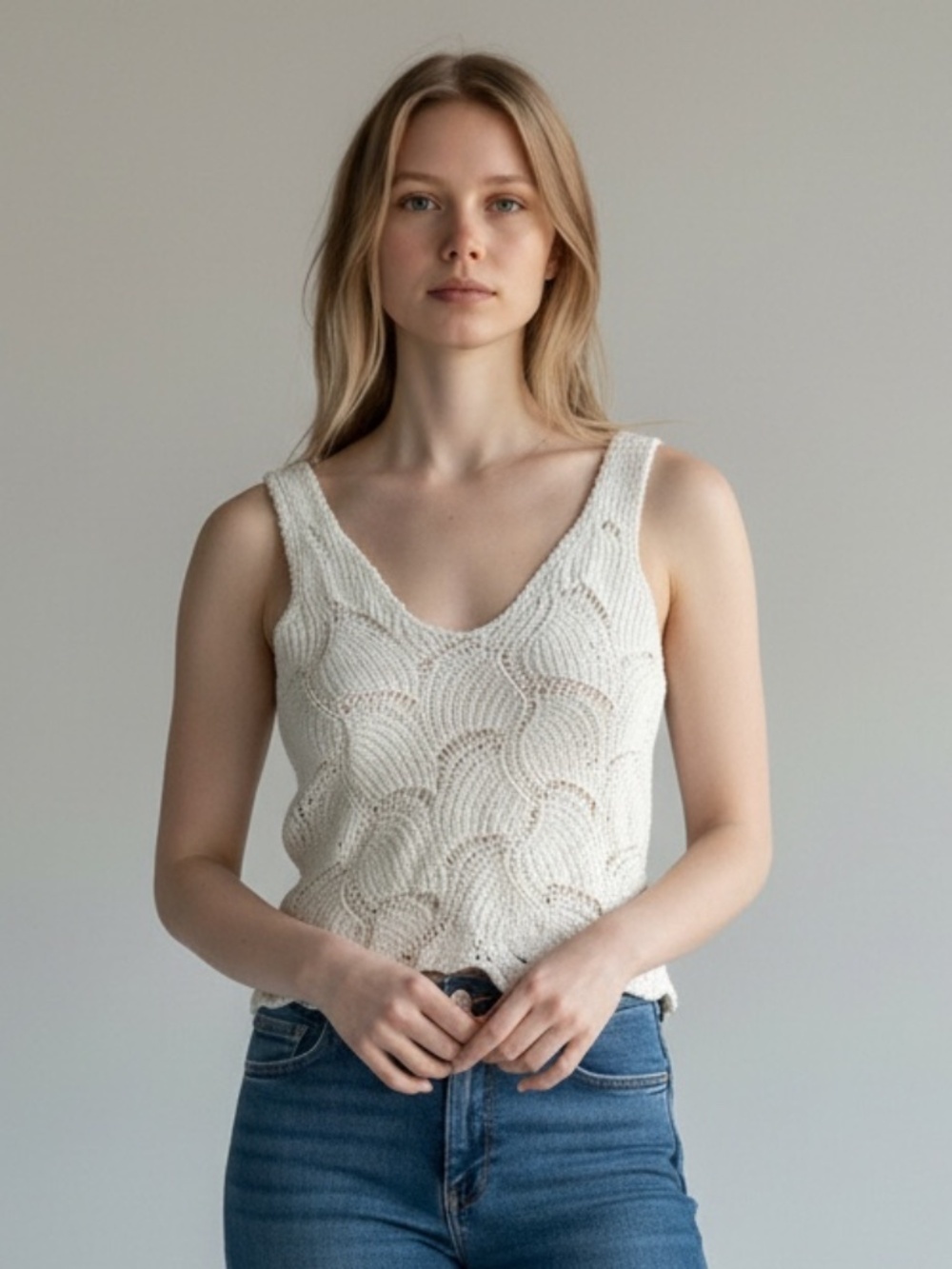Blue Rain Cream Crochet Tank Top Boho Coastal Coquette V-Neck Knit Sleeveless L